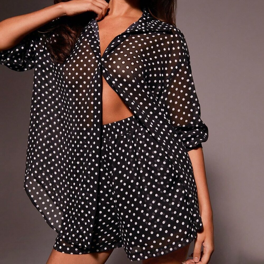 Black & White Sexy Women's polka dot  button down top and shorts Two Pieces set
